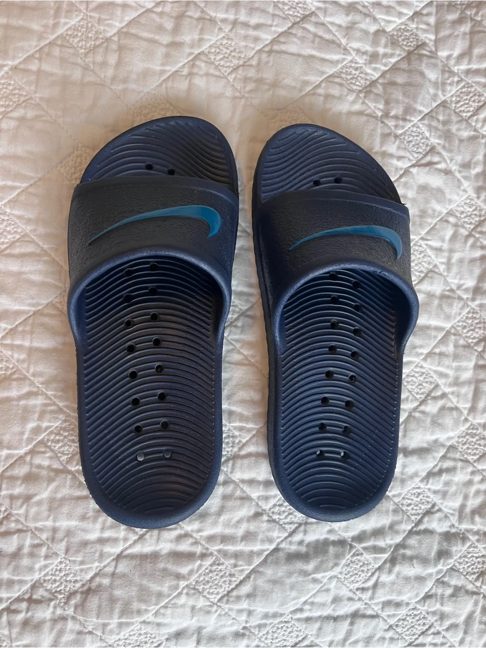 Nike Dark Blue Slide Sandals with Light Blue Swoosh